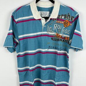 Hershey's Polo T Shirt Size L Blue Short Sleeve Button Up Collared Cotton